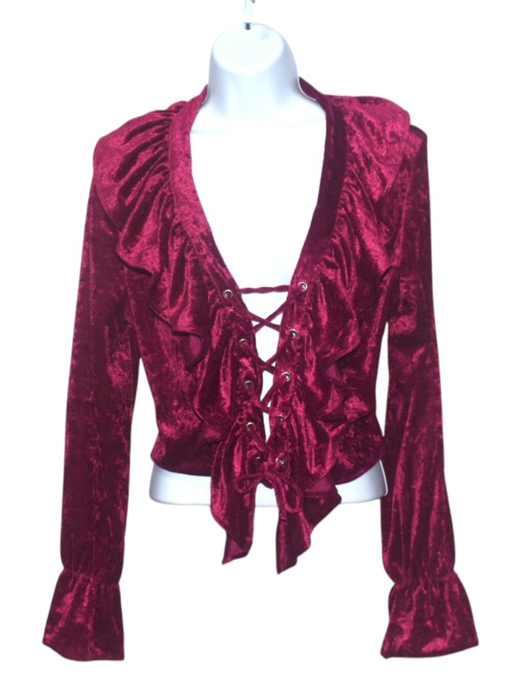 Vintage 90s Romantic Wine Burgundy Velvet Lace Up Ruffle Top Crop Whimsigoth M